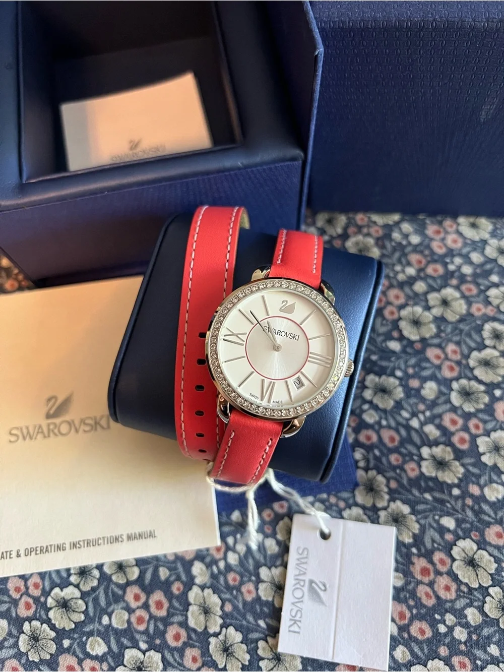 NWT IN BOX Swarovski Red Double Leather Strap Crystal-Set Women’s Watch